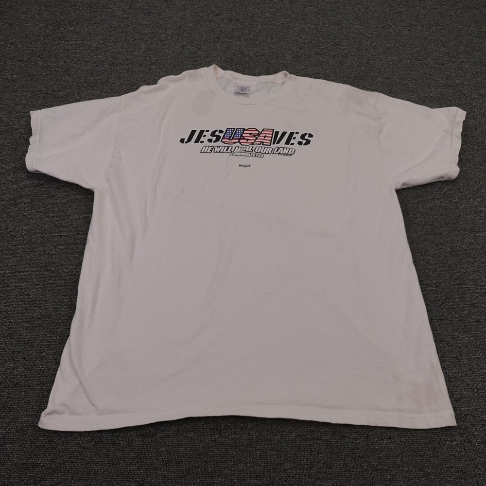 Vintage Jesus Shirt Mens XL White Jesus Saves USA Christian Graphic Tee Y2K
